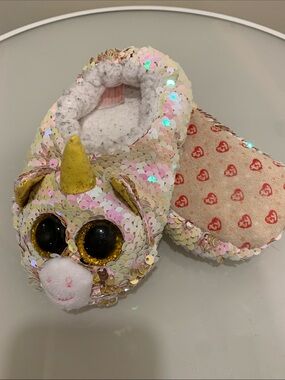 Ty Kids Size 11 Sequin Unicorn Slippers - Iridescent Pink/Gold/White